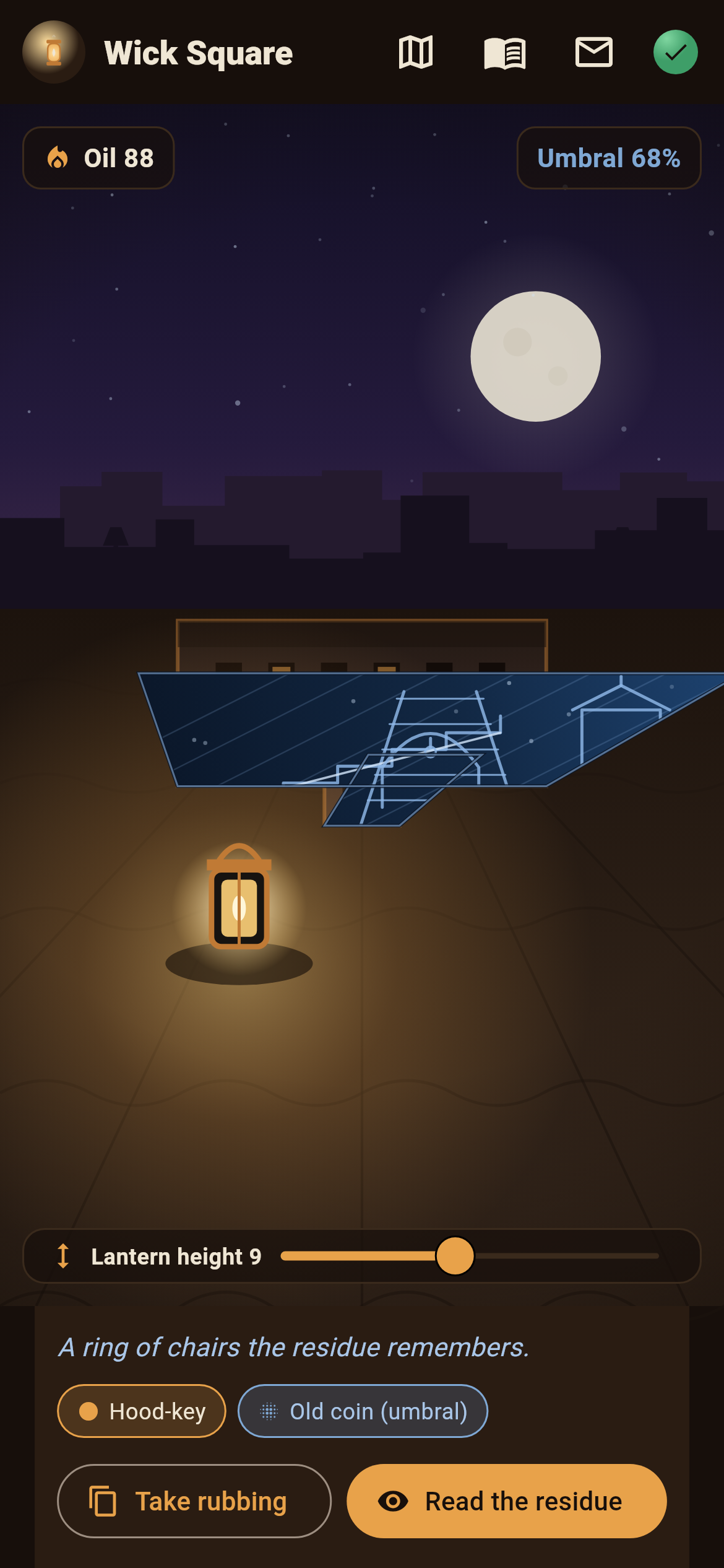 Shadewick scene — a dusk-lit 2.5D street diorama with a glowing lantern casting a projected shadow that reveals the ink-wash umbral world