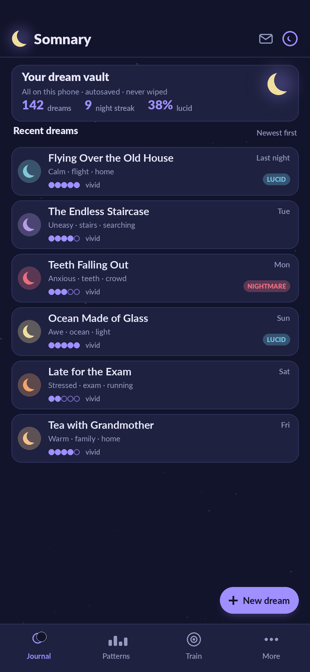 Somnary — the dream journal screen showing a vault of dream entries with title, mood, vividness, and lucidity for each dream