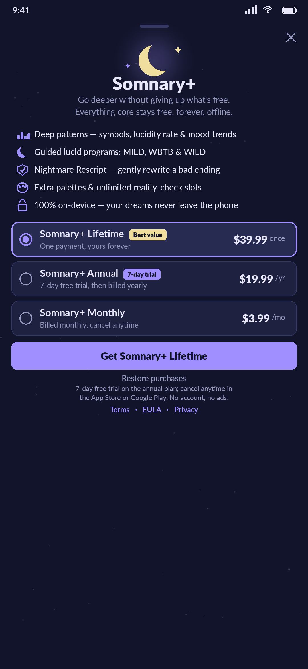 Somnary+ screen showing honest, store-managed pricing that stays 100% on-device, with backup, export, and dark mode free for everyone