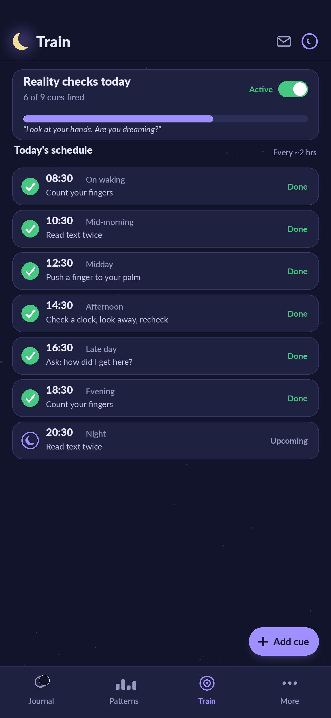 Somnary reality-check trainer showing scheduled lucid-dream reality-check cues across waking hours