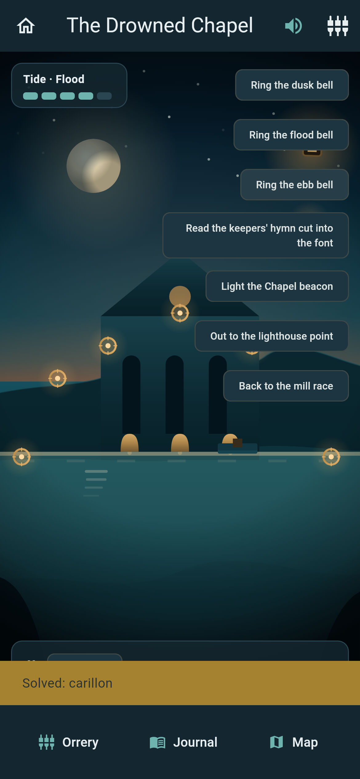 The drowned carillon at the chapel — three bells standing at the flood waterline with 'Ring the dusk / flood / ebb bell' controls, a puzzle solved by moving the tide