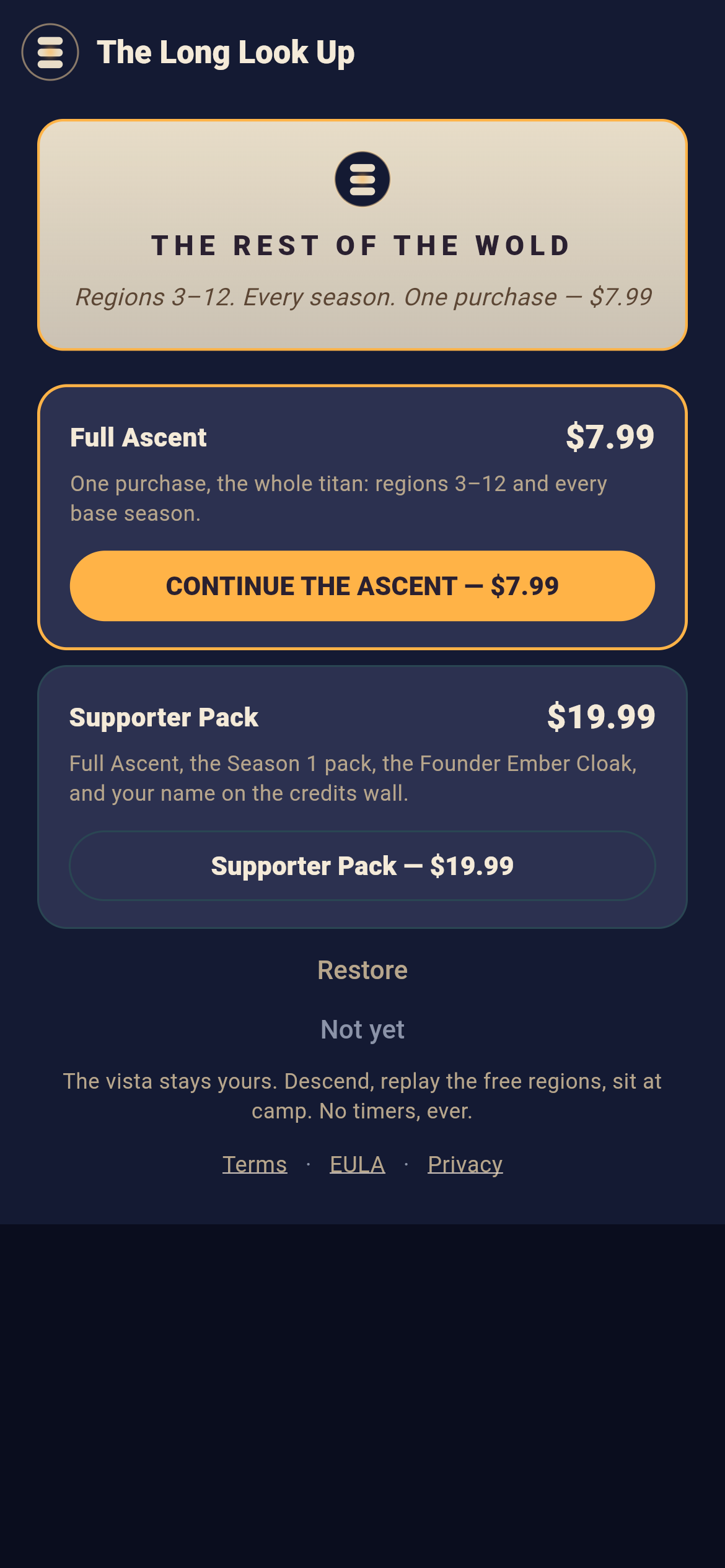 Titan Spine's 'The Long Look Up' unlock screen — Full Ascent at $7.99 for regions 3 to 12 and every base season, plus an optional Supporter Pack, with a Not yet option and Terms, EULA and Privacy links