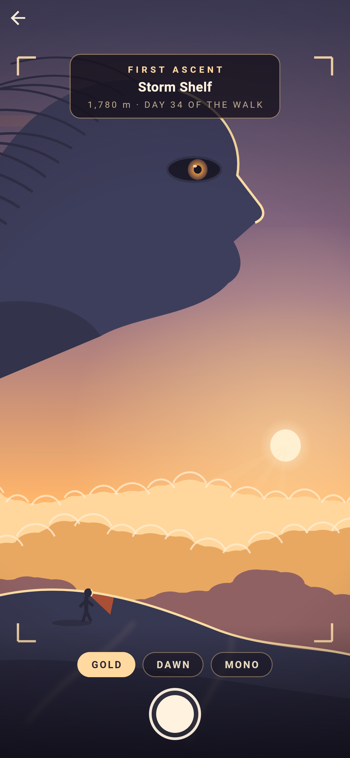 Titan Spine photo mode at the Storm Shelf — the titan's face and eye in silhouette above a golden cloud-sea, a tiny climber on a ledge, with a First Ascent plaque reading 1,780 m and GOLD / DAWN / MONO filter presets