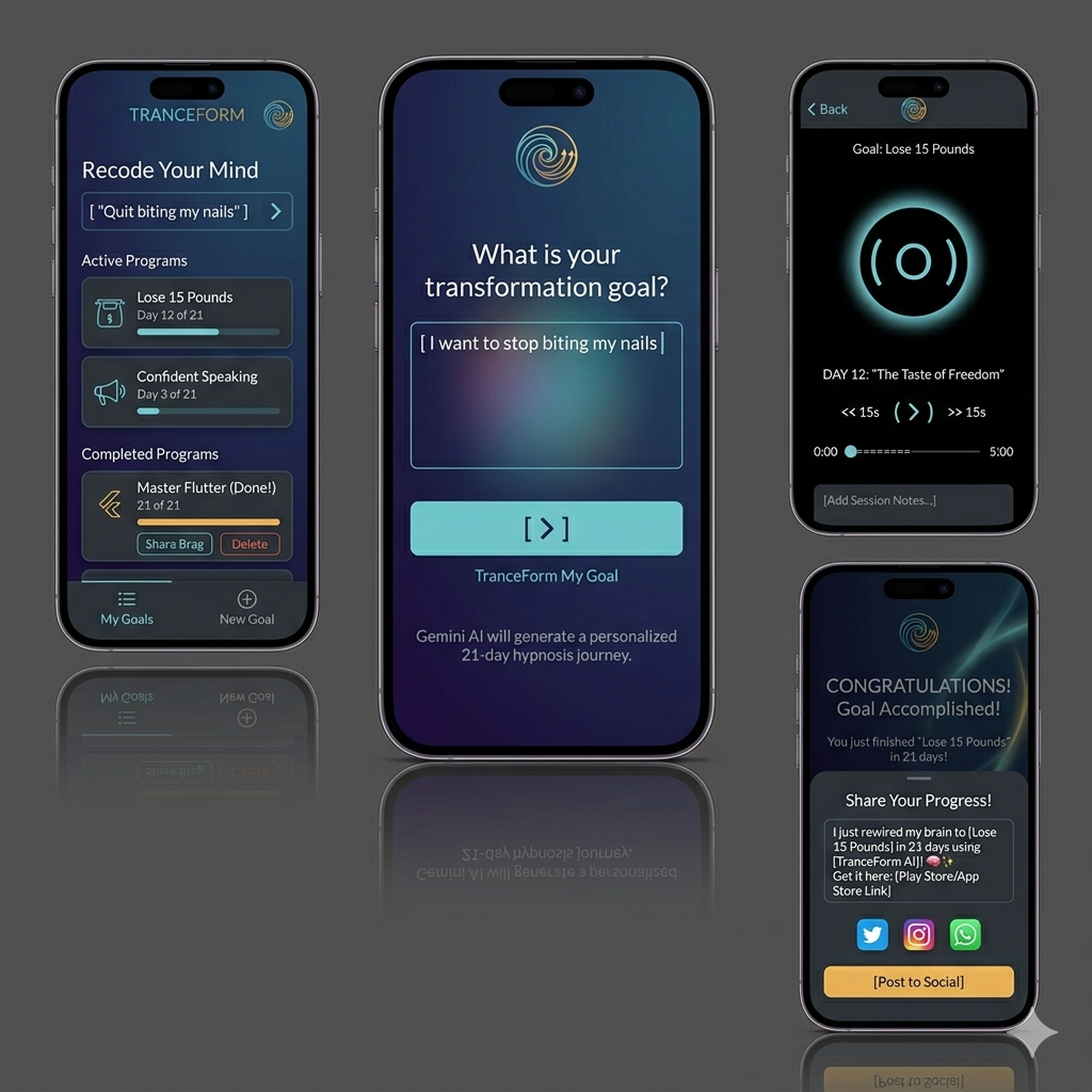 TranceForm App Screenshots showing Dashboard, Session Player, and Goal Roadmap screens