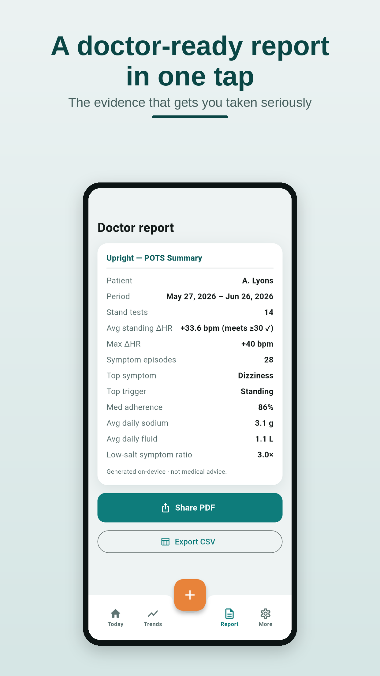 Upright doctor-ready PDF report preview