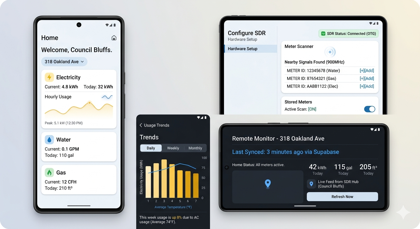 Utilify App Screenshots showing Dashboard, Usage Analytics, and Billing Insights