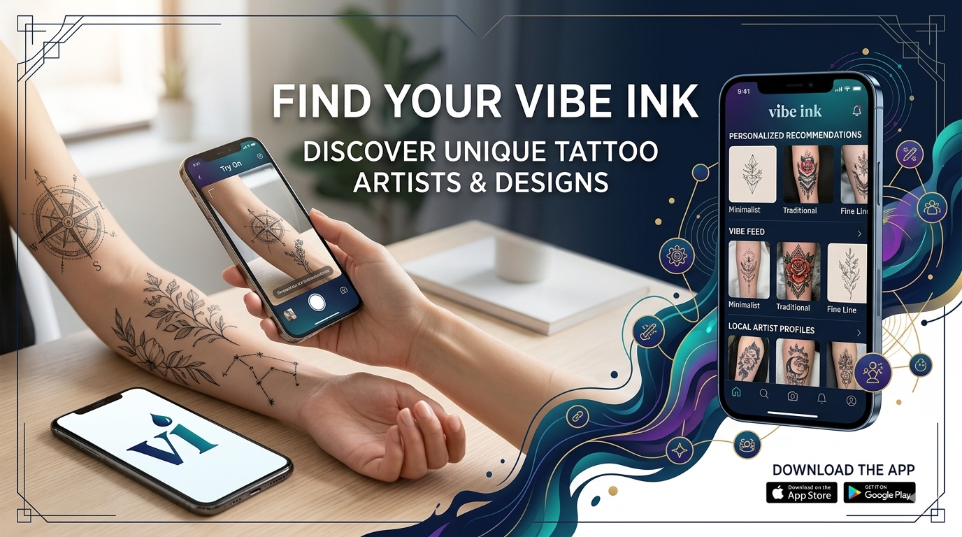 VibeInk App Interface showing AI tattoo design generation and AR try-on capabilities with tattoo artist portfolio