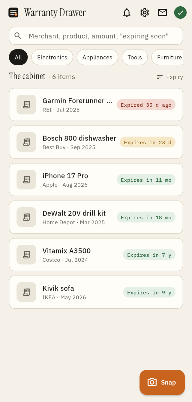 The Warranty Drawer cabinet: a list of filed items with expiry chips