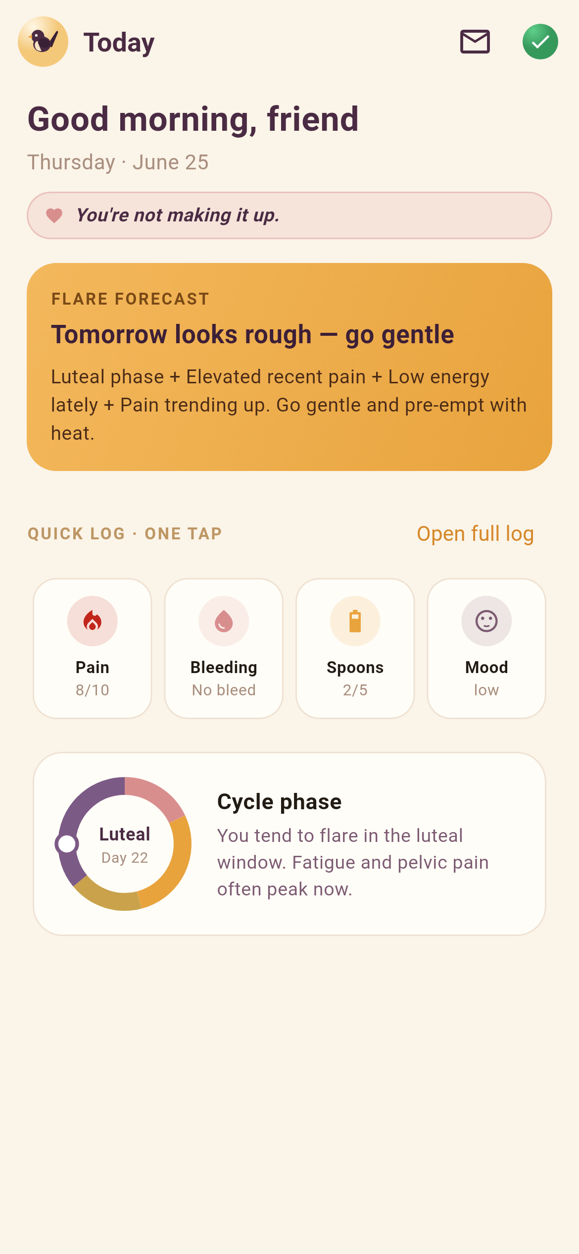 Wrenly — the Today screen showing the daily log of pain, bleeding, energy and symptoms