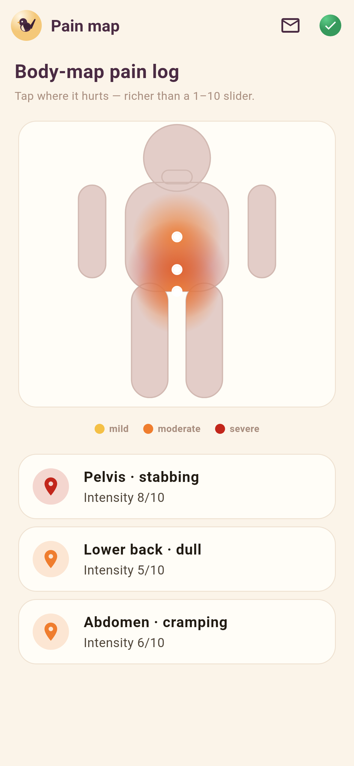 Wrenly body-map pain logging screen