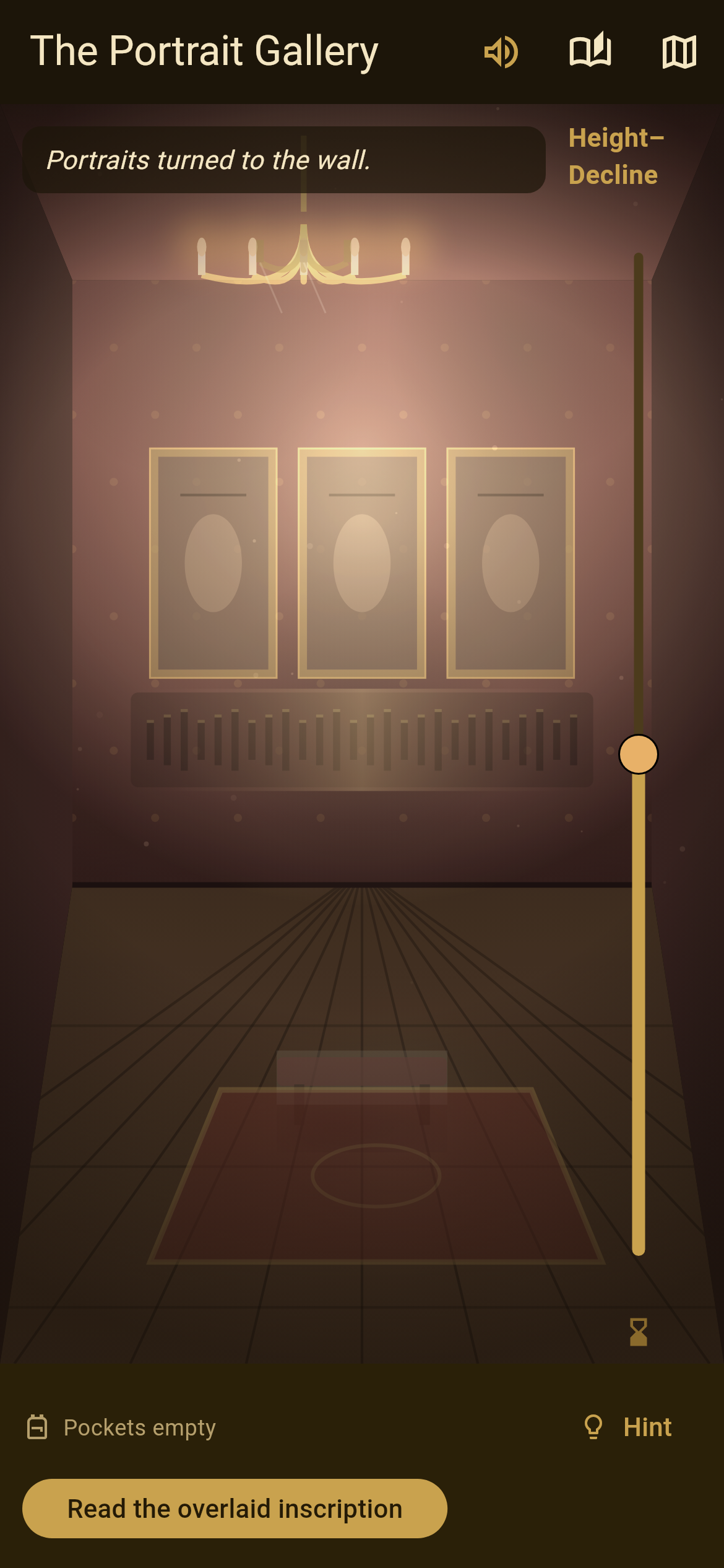 Yesterlight gameplay — the Portrait Gallery held between the Height and Decline eras, both half-present in a between-era superposition, with the Read the overlaid inscription action available