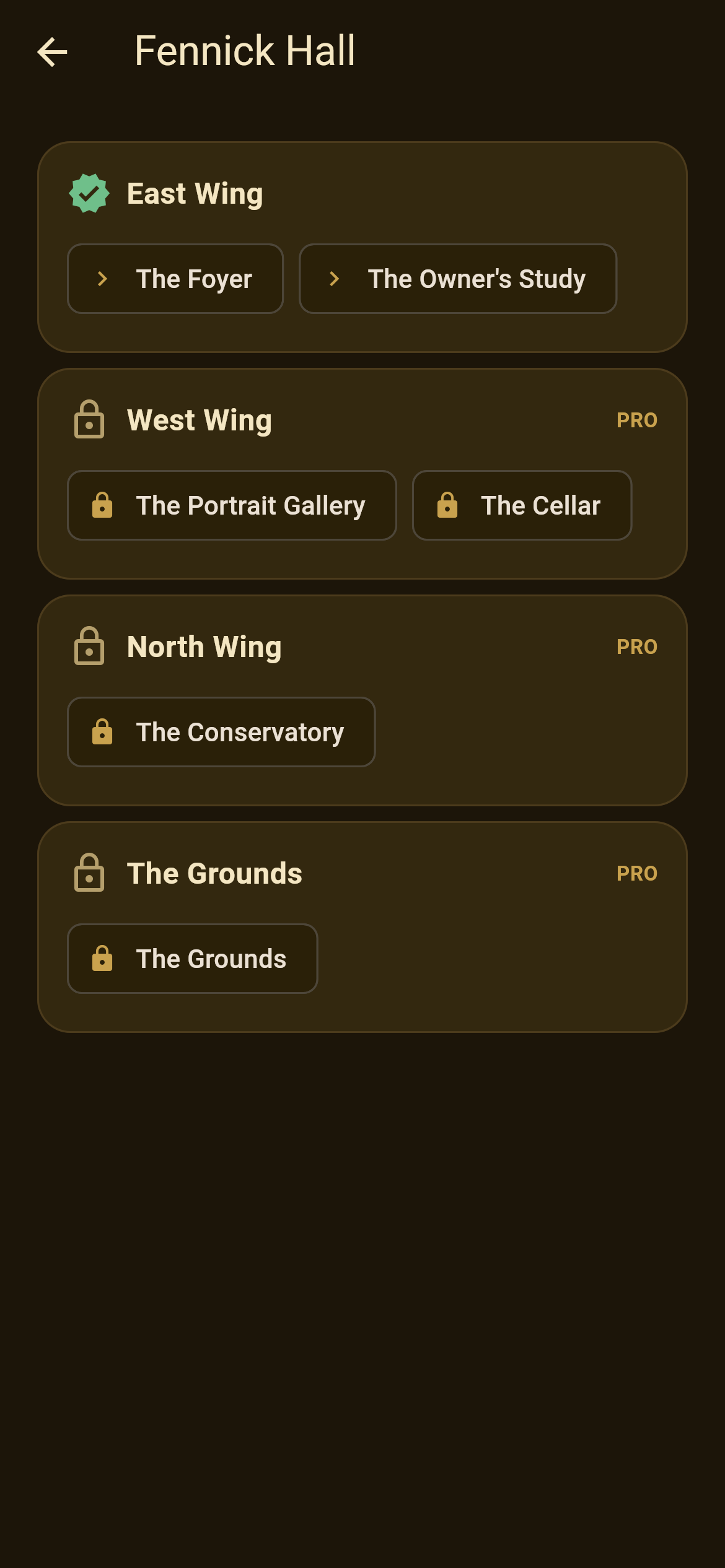 Yesterlight wing map of Fennick Hall — the free East Wing plus the Pro-gated West and North wings and the grounds