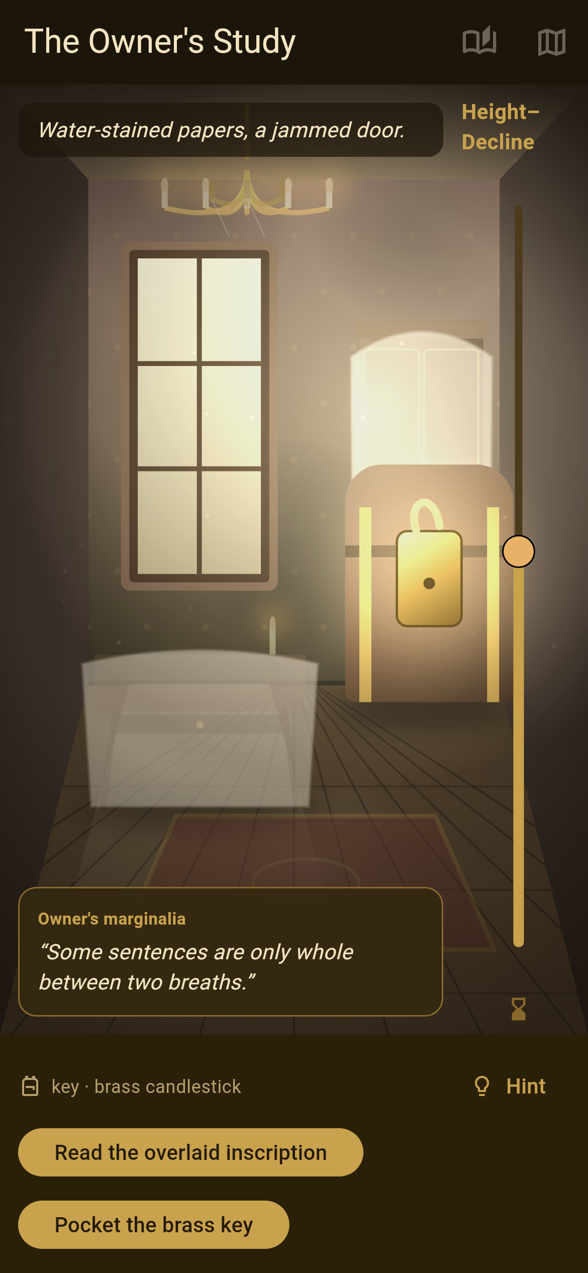 Yesterlight scene view — a shoebox-diorama room with the brass era slider mid-morph between two eras, furniture crossfading in a between-era superposition